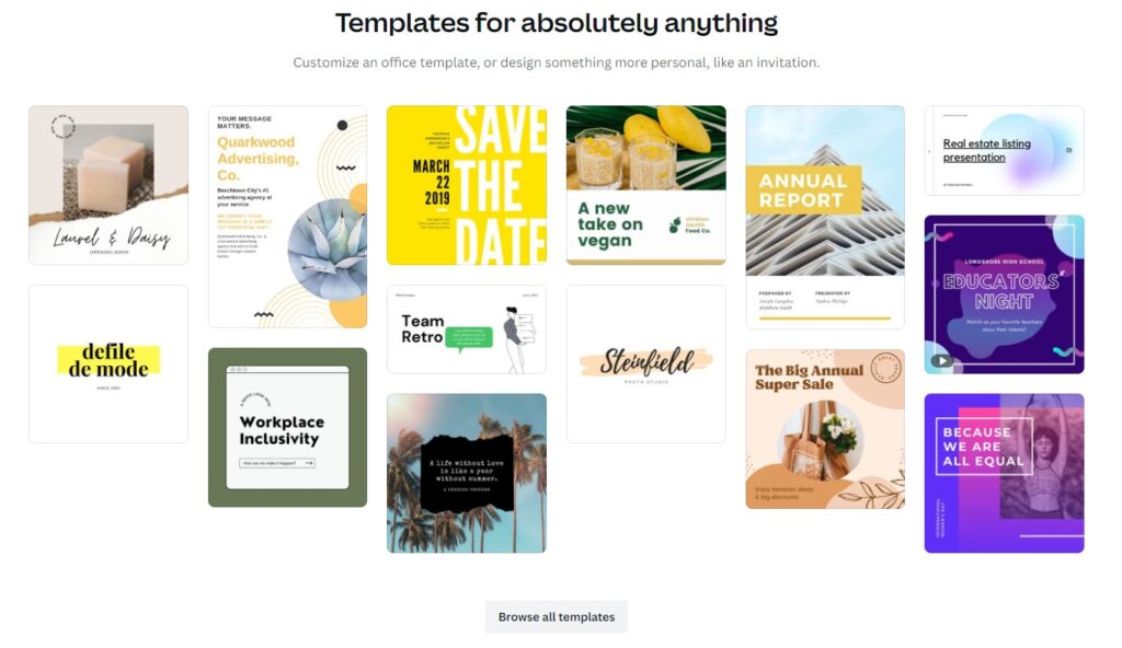 Canva Website Snip showing templates available for use.