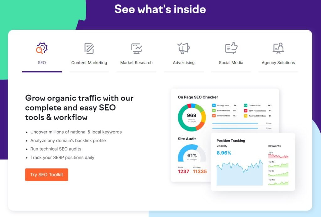 semrush website showing SEO feature set: Grow organic traffic - Digital marketing tools